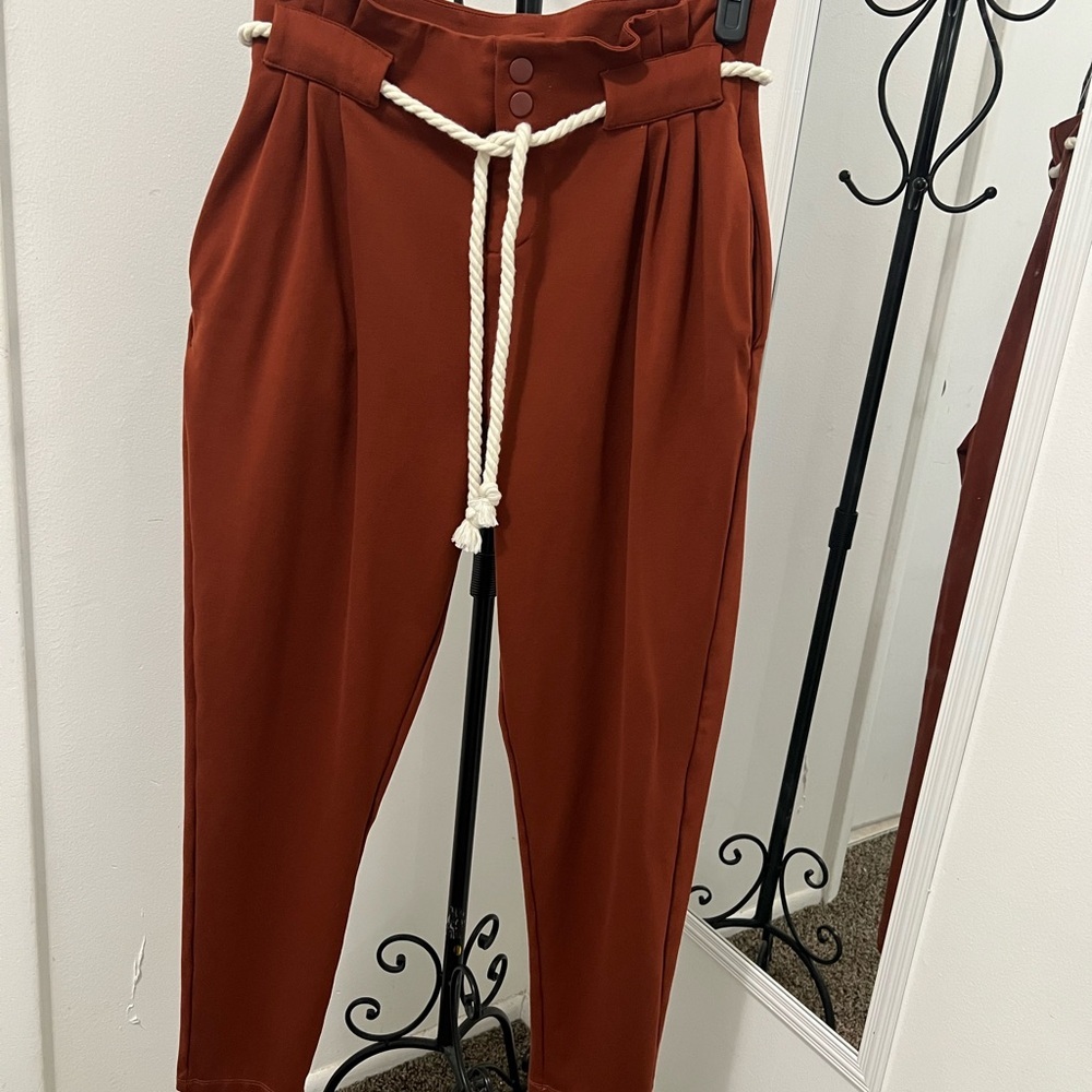 DownEast Women's Rust Paperbag Waist Pants. #013 - Picture 4 of 11